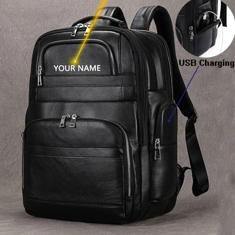 Luufan USB nabíjanie mužov batoh Originálny kravský kožený vodotesný 16 -palcový notebook Daypack vak