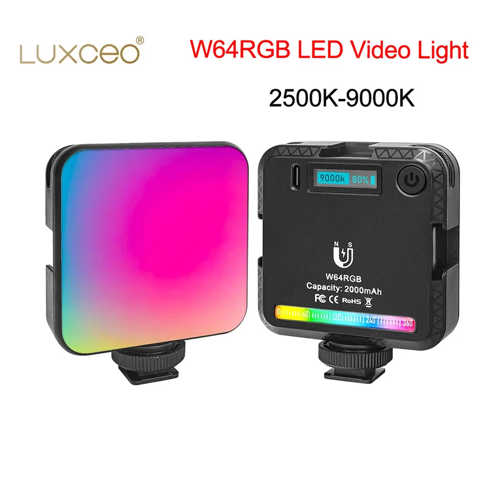 LUXCEO W64RGB LED VIDEO LIGHT LIGHT 2000MAH Nabíjateľná lampa Magnetické štúdio Photo Light 2500k-9000K Mini Fill Light for Photography