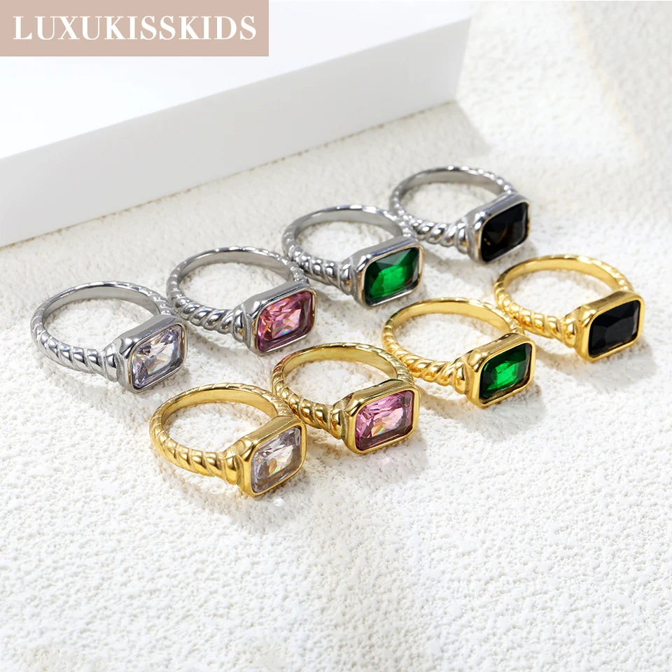 Luxukisskids trendy lesklý biely/ružový krištáľový prsteň pre mužov/ženy z nehrdzavejúcej ocele No Fade Golden Natural Stone Finger šperky