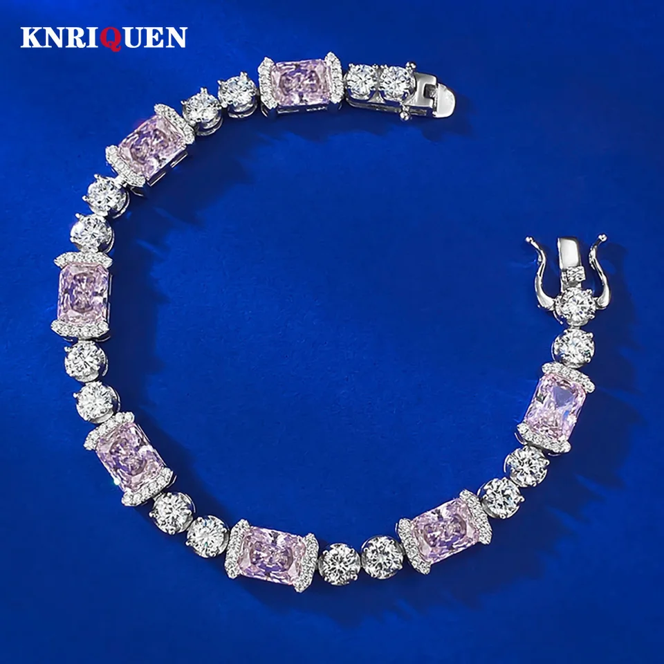 Luxus 100% 925 skutočné striebro 6*8 mm topaz Pink Quartz Lab Diamond Svadobný reťazec náramky pre dámske párty jemné šperky 16-18 cm