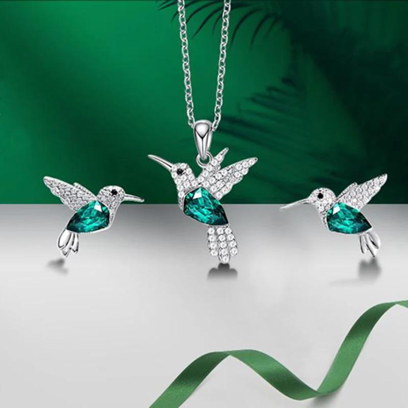 Luxus 925 Sterling Silver Hummingbird Crystal Jewn Set pre ženy Dievčatá Prívesok Náušnice Náušnice ZADARMO ZADARMO