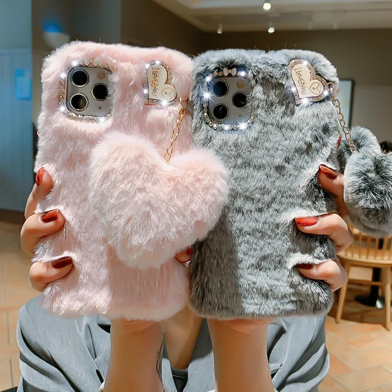 Luxusná diamantová láska nadýchaná plyšový kožušinový mäkký puzdro pre Samsung S23 Ultra Case S22 Plus S21 A25 M13 A54 A34 A24 A14 A04S Poťahy