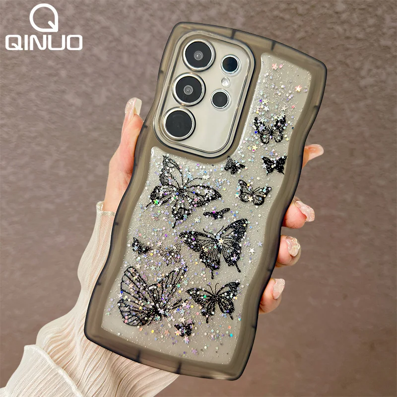 Luxusná epoxidová živici Butterfly Glitter Wavy Case pre Samsung Galaxy S24 S23 Fe S22 plus ultra A55 A54 A53 A35 A15 A14 A14 A13 4G 5G 5G 5G