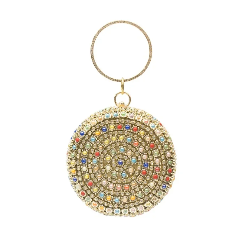 Luxusná farebná korálka Diamond Round Bag pre ženy 2024 Nové elegantné dámske večerné tašky Náramok s ručnou taškou Zlatá kabelka