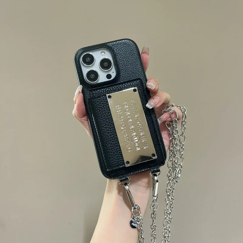 Luxusná koža peňaženka kovový reťazec Puzdro pre iPhone 16 15 16Pro Max 13 14 Pro 11 12 12 Card Pocket Ramer na ramene zadný kryt