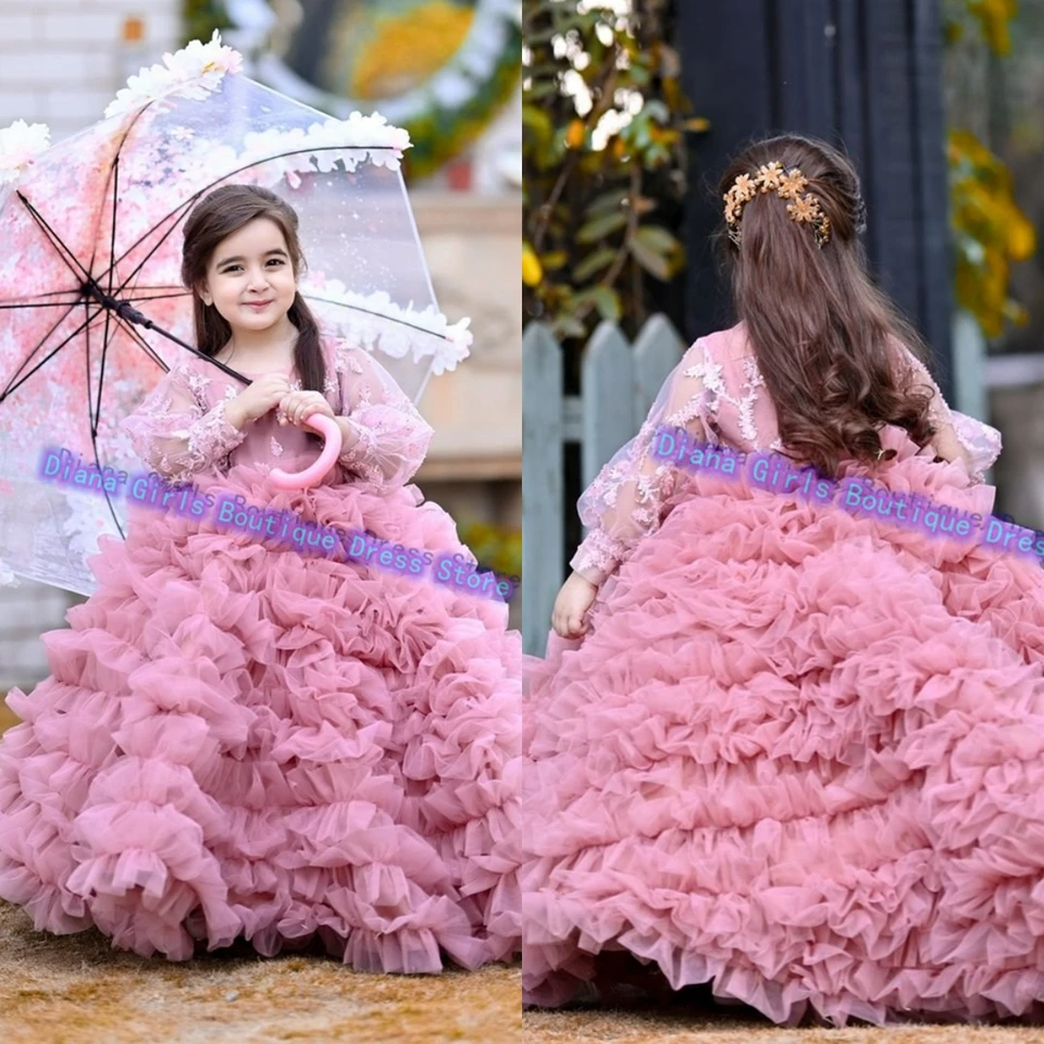 Luxusná kvalita vrstvených kvetinových dievčat Svadobný typ Tulle Gem Fluffy Princezná dievčatá Dievčatá narodeniny Lopta Prispôsobené šaty