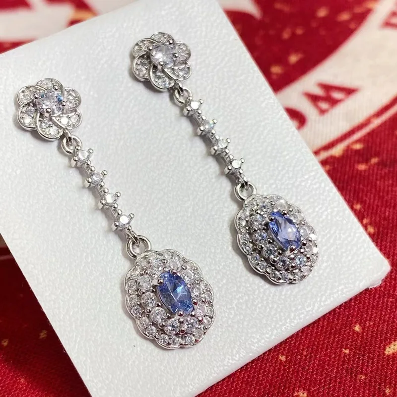 Luxusná móda 925 Sterling Silver Natural Tanzanit Ear Dangle Dangle Plné diamantové svadobné náušnice drahokamy jemné šperky