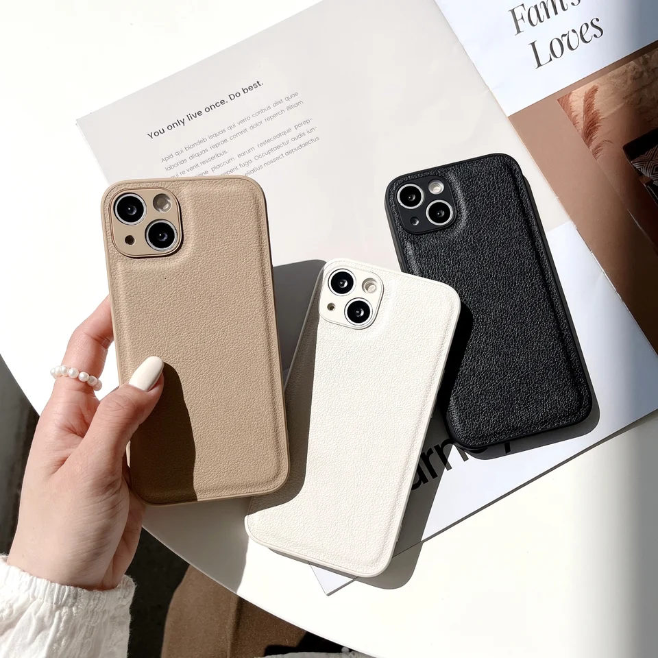 Luxusná plná farba PU kožené silikónové puzdro pre iPhone 11 12 13 14 15 16 Pro Max x xr xs SE 7 8Plus biely hnedý ružový kryt