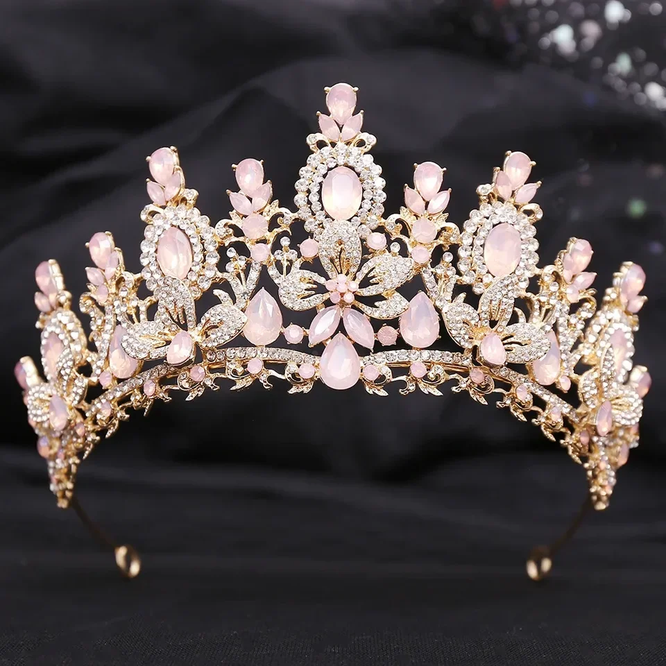 Luxusná ružová opálová kráľovná svadobná korunka Svadobná kamienka Krištáľová nevesta Diadem Pageant Headdress Tiara Hair Jewelry príslušenstvo