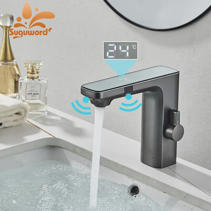 Luxusná strieborná šedá inteligentná LCD LCD DAUL Sensor kúpeľňa Kúpeľňa Káča Faucet zink zliatina Mount Cold Hot Water Mixer