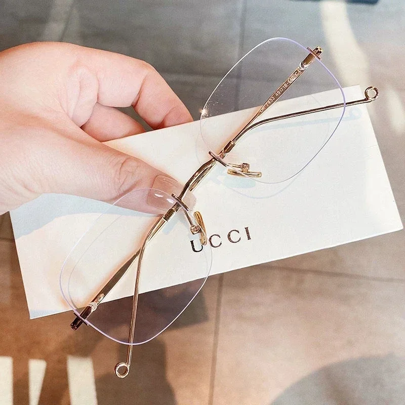 Luxusná značka Rimless Myopia Gula Glasses Ženy Muži bezrámové anti-modré svetlo Ultra svetlo kovové tenké chrámy Diopter 0 až -6.0