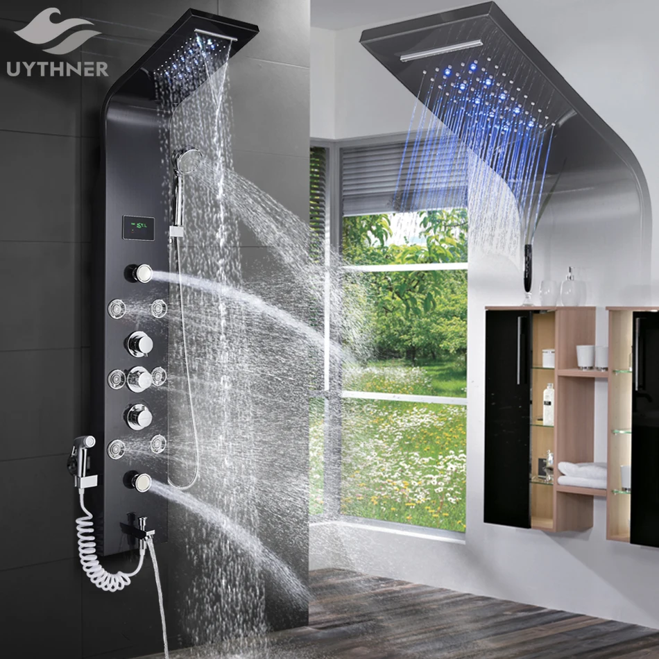 Luxusná čierna/kefovaná kúpeľňa sprcha Faucet LED zrážky sprchovací panel Systém Sprchy Systém vane Mixer Tap Massage Spa Cetestistrle