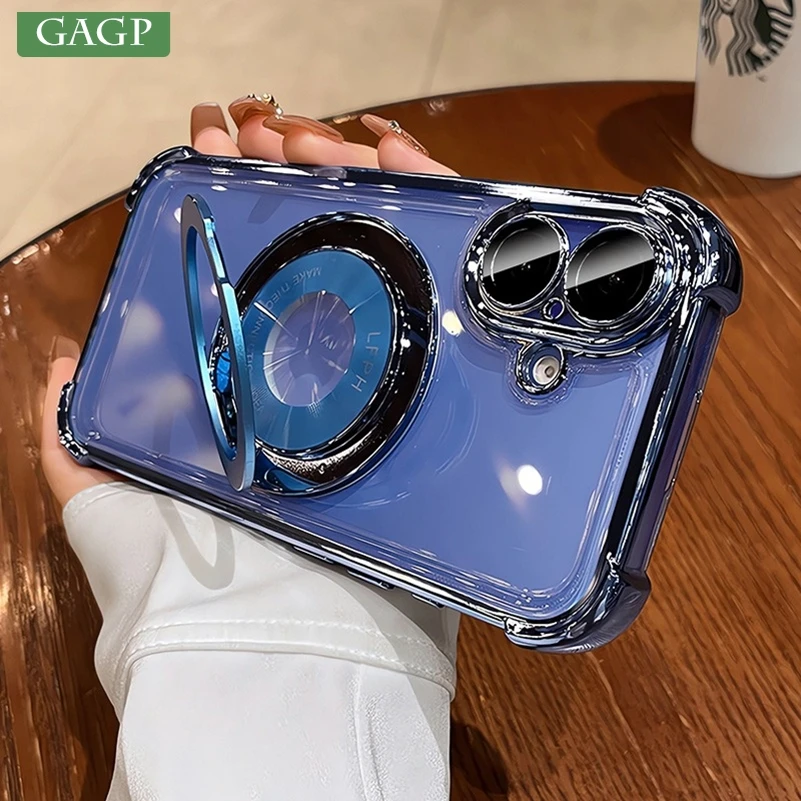 Luxusné bezdrôtové nabíjanie Magsafe Ring Bracket puzdro pre iPhone 11 12 13 14 15 16 Pro Max 16Plus Transparentný magnetický kryt airbagov