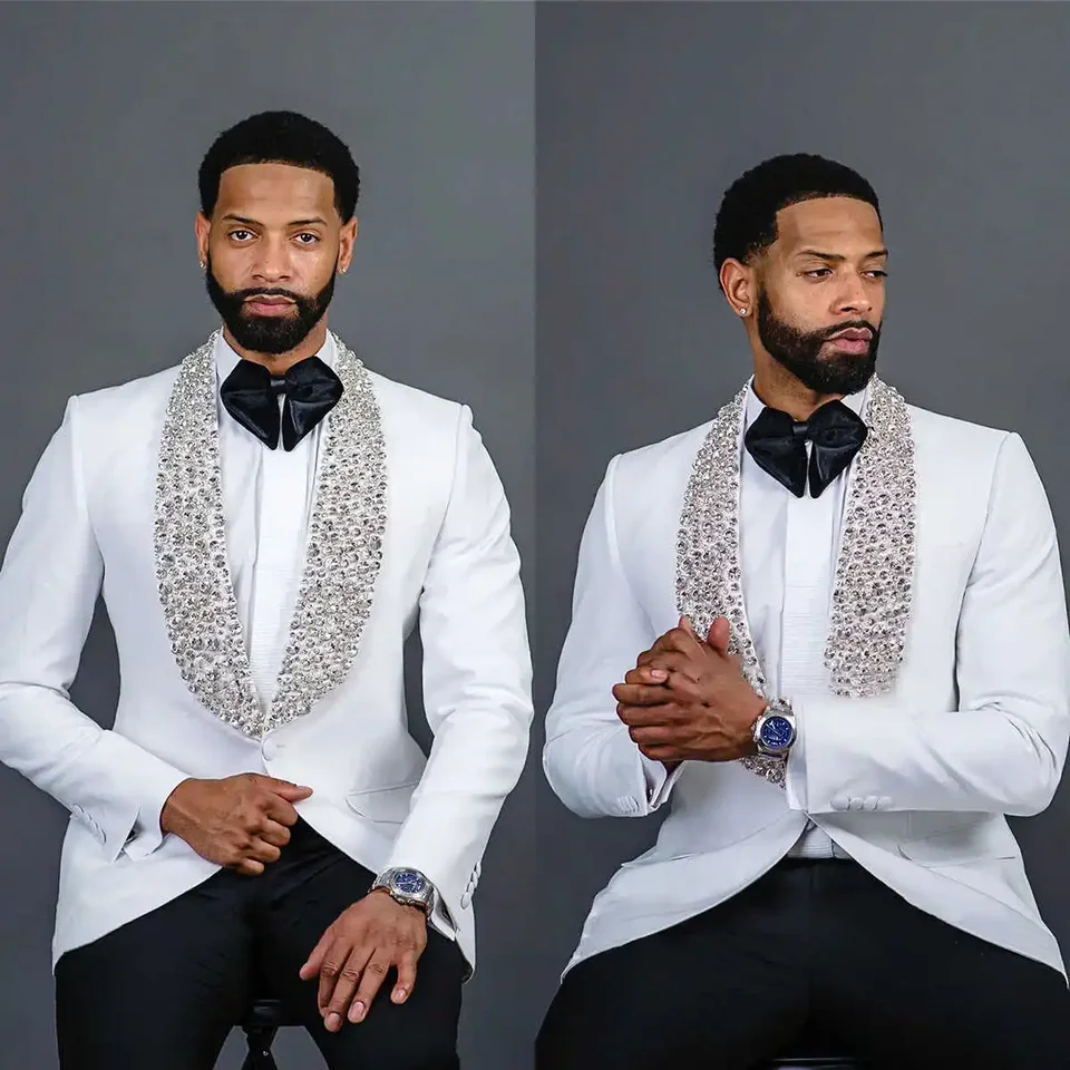 Luxusné biele pánske obleky krištáľové korálky Slim Fit Svadobný ženích Tuxedos šál klopa Business sak