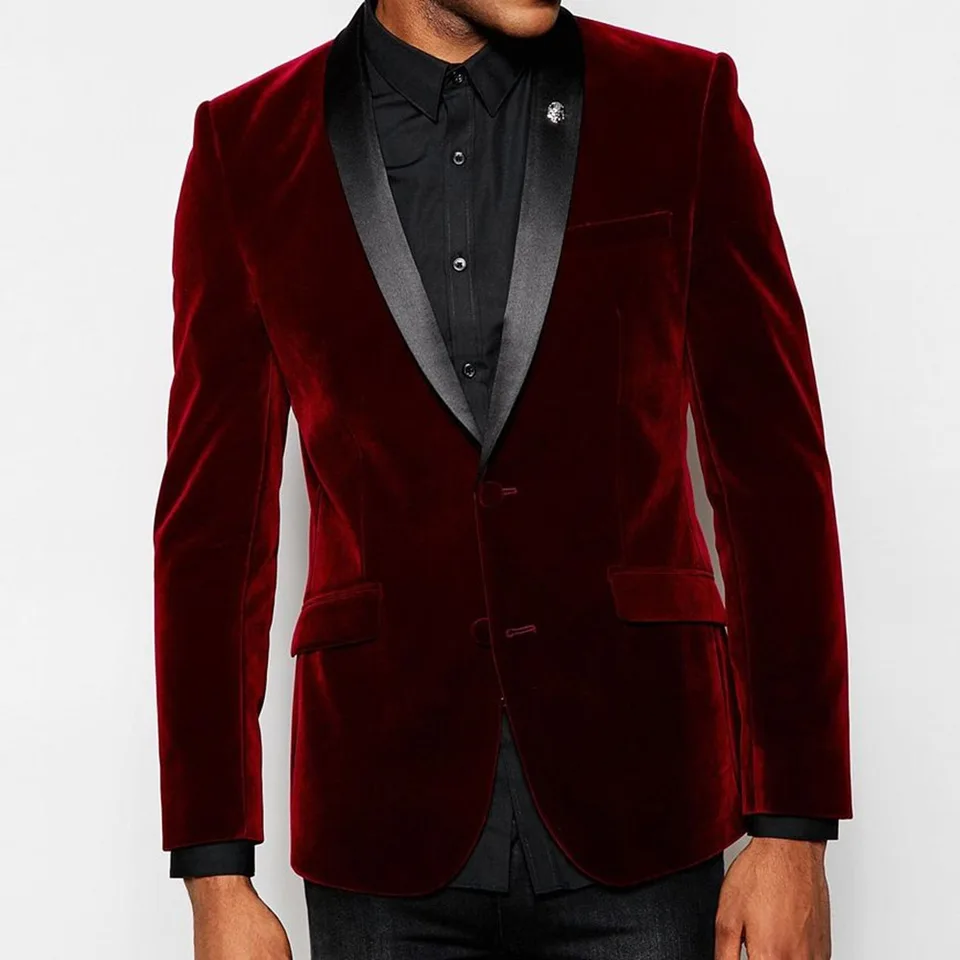 Luxusné burgundské zamatové pánske obleky s jedným dojčeným čiernym šatím Slim Fit Blazer Formálny svadobný ženích 1 -kusová bunda outfit
