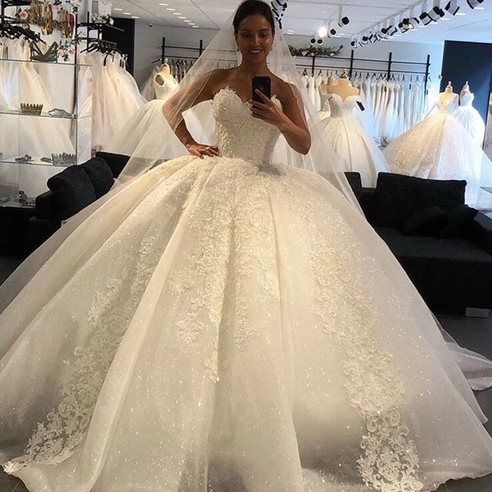 Luxusné dámske elegantné svadobné šaty zlatíčko Sexy rukávy šumivé čipky Aplikácia A-line princezná Svadobné šaty robe 2023