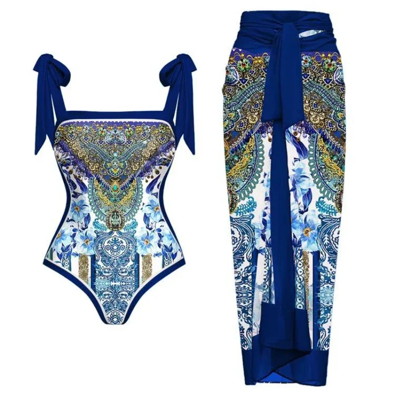 Luxusné elegantné flóra tlačené bikiny súpravy plaviek a sukňa asymetrické plaviek samica Cover Up Brazílsky plavky