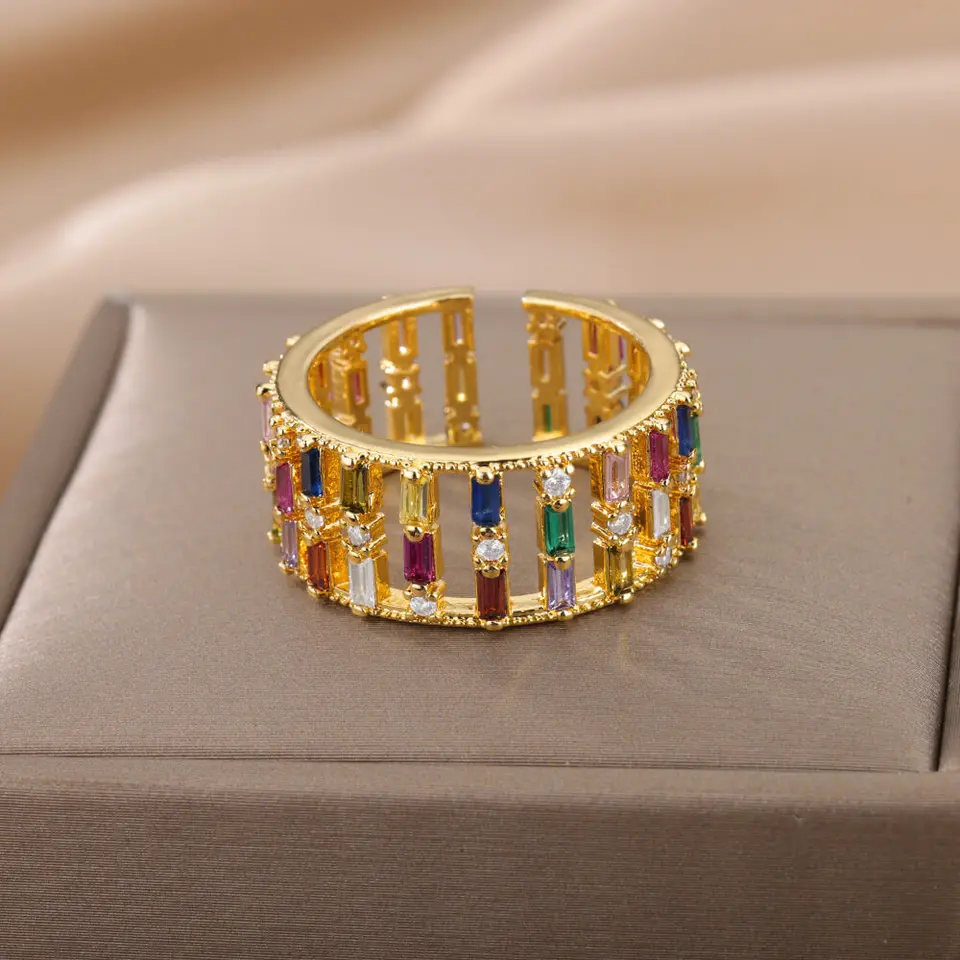 Luxusné farebné zirkónové prstene pre ženy otvorené zlatá farba z nehrdzavejúcej ocele pár kmeň Svadobné židovky Freeshipping Pint Anillos