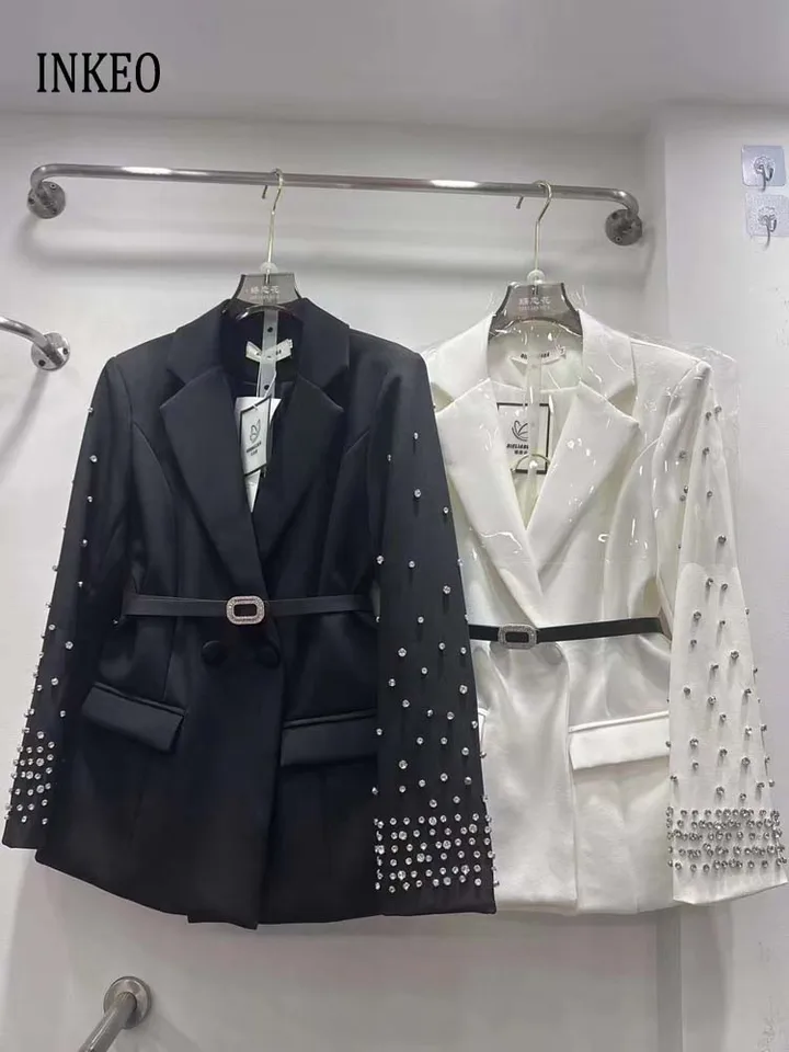 Luxusné faux Diamonds sako s pásom Dámske 2024 Jeseň Black White Wotched Collar Bunda Spring Outwear Outwear Outwear Outwear Outwear 4o057