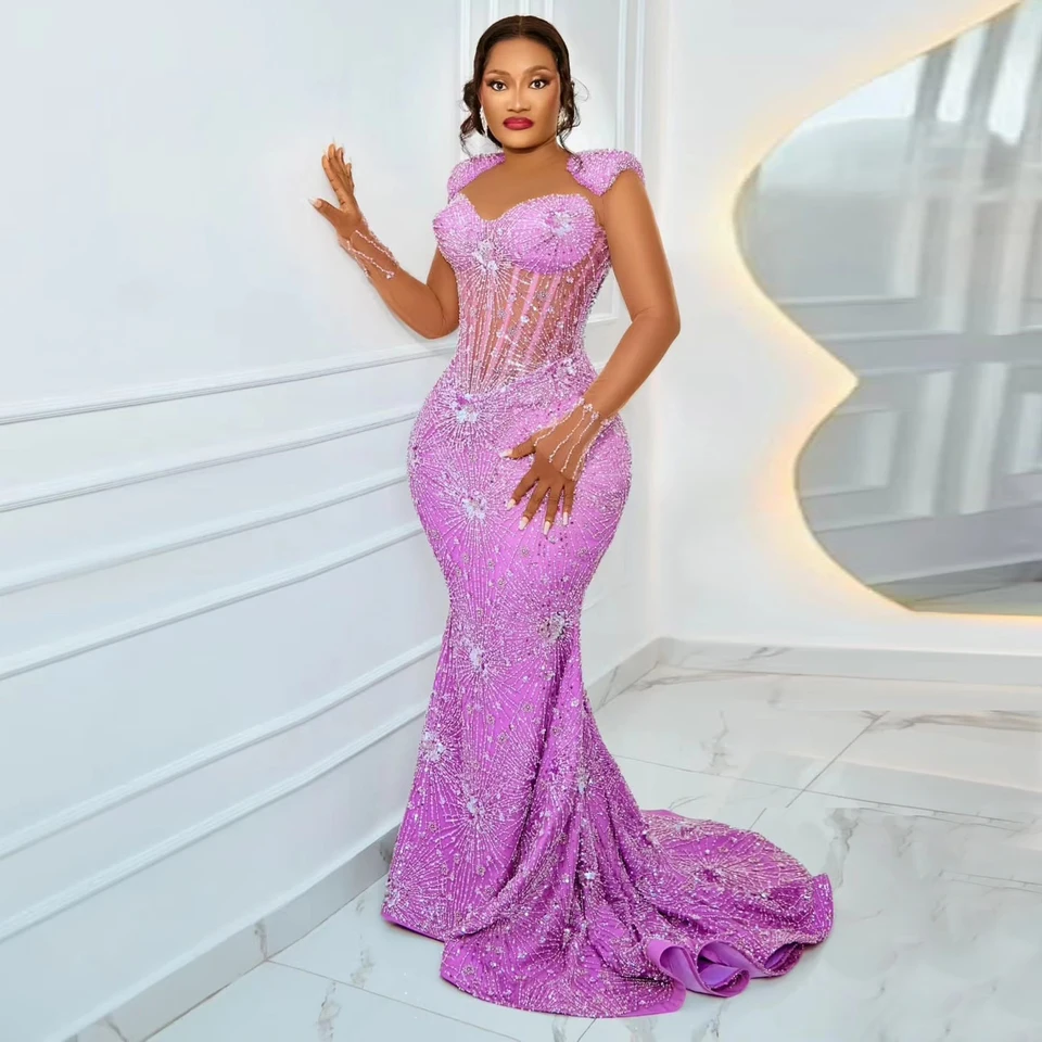 Luxusné fialové korálkové čipky Prom Mermaid Prom Dayses plus veľkosti africké formálne párty šaty prispôsobené asoebi svadobné šaty narodeninové šaty