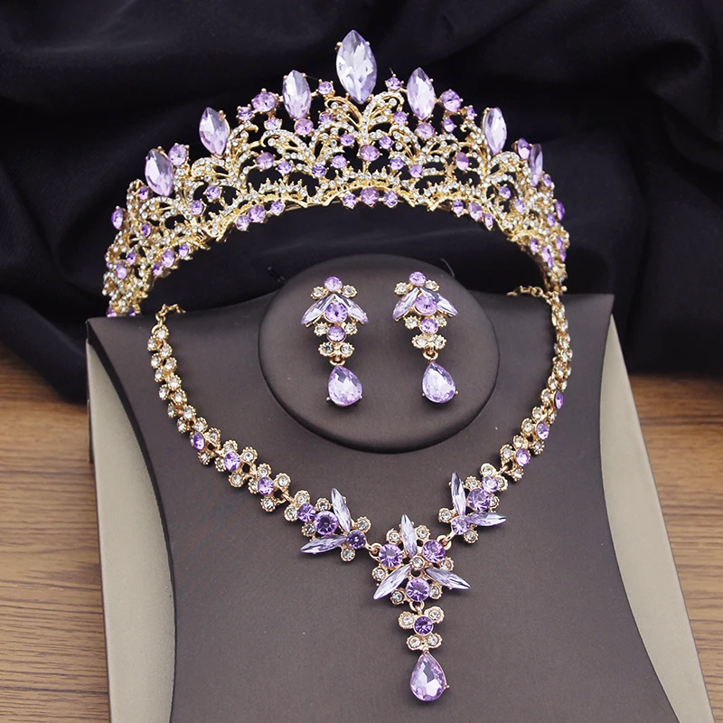 Luxusné fialové krištáľové svadobné šperky pre ženy svadobné diadike Korunové náhrdelník náušnice Prom Gold Color Bride Crown Jewnry Set