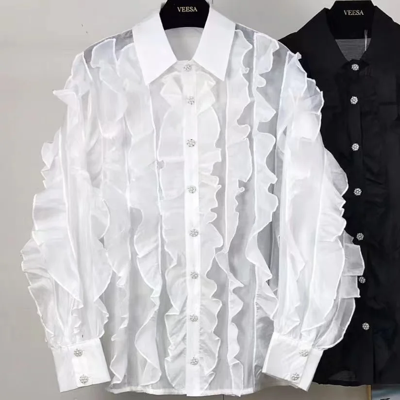 Luxusné gombíky Diamonds Lumfles Biele šifónové dámske blúzky Top Office Lady Lantern Ruckve Elegantné tričko Blusas femmale