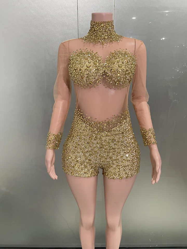 Luxusné iskra kamienky Sexy priehľadné kombinézy 2025 Women Večer narodeninová oslava bar Nightclub Singer Dancer Stage Cotyer