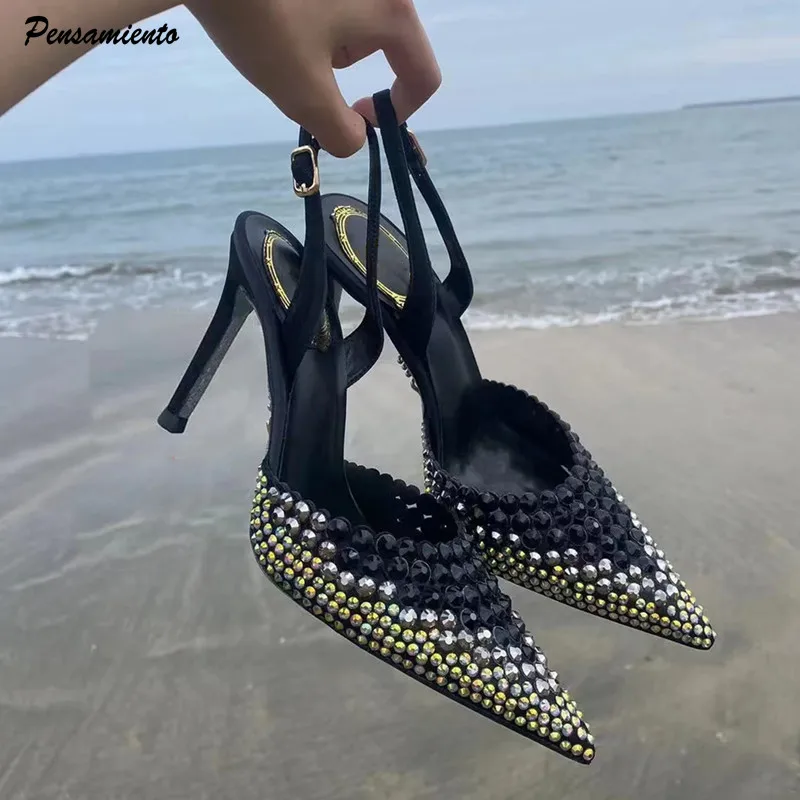 Luxusné kamienky Gradient Slingbacks Dámske čerpadlá módne bling krištáľové banketu steletto vysoké podpätky módne párty ples topánky