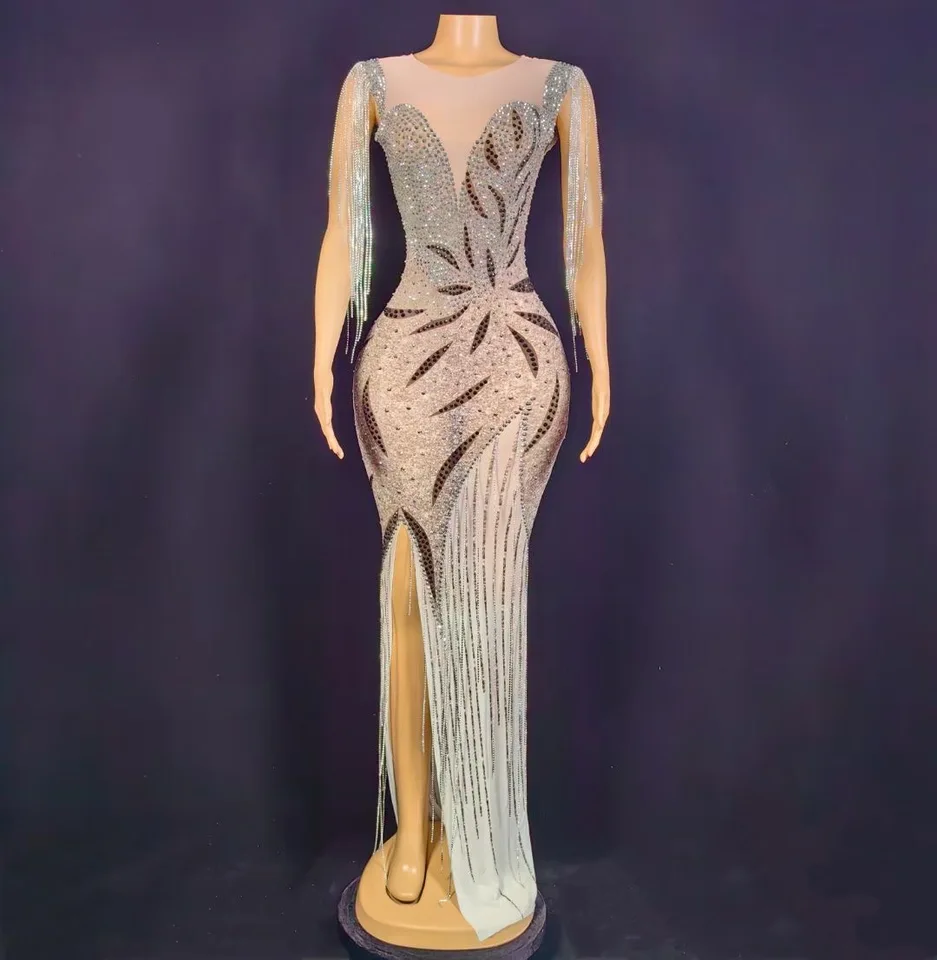 Luxusné kamienky reťaz maxi šaty elegantné ženy sexy sieťovina O krk oslavujte večerné plesové šaty narodeninové oslavy gala frock