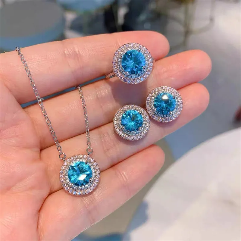 Luxusné kolo 925 Sterling Silver Sea Blue Sapphire Ring náušnice náhrdelník šperky pre ženy Svadobné svadobné roztomilé dievča