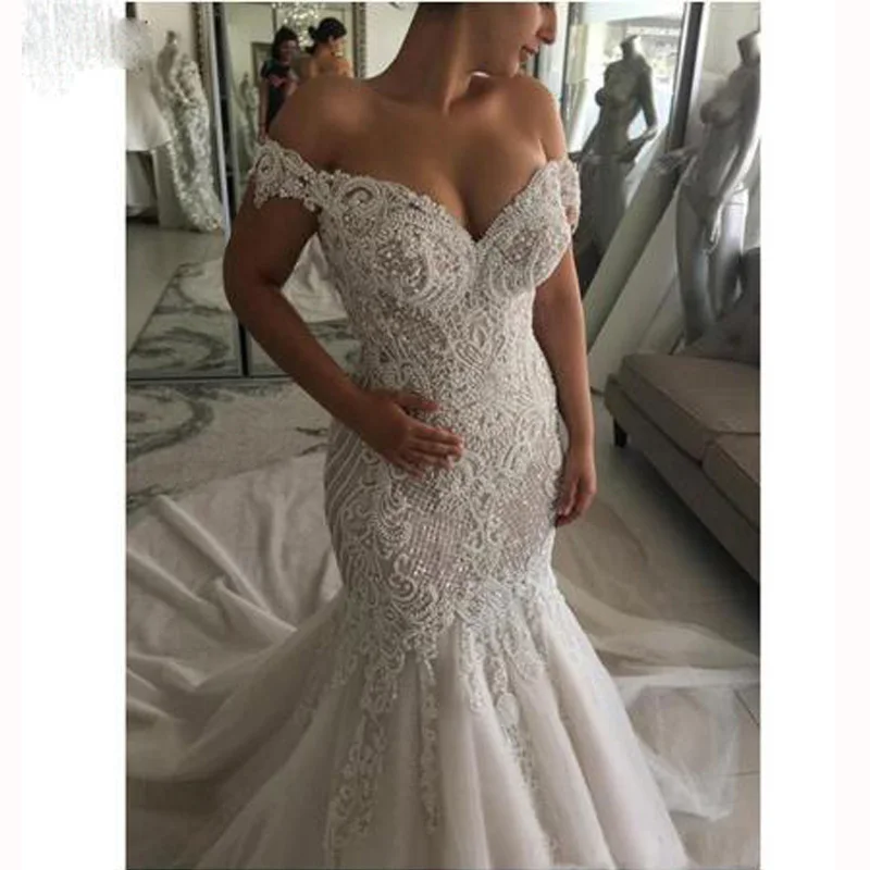 Luxusné korálkové perly krištáľové morské šaty čipky čipky svadobné šaty z ramena svadobné šaty formálne Vestidos de noiva