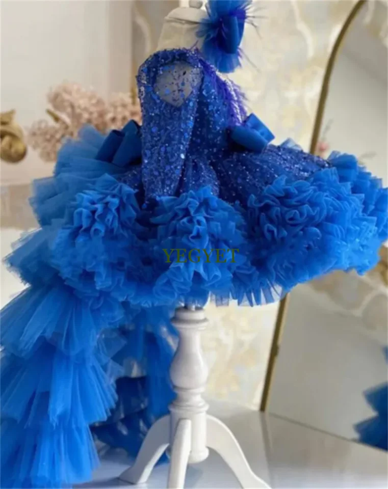 Luxusné kráľovské modré dievčatko narodeniny princezná šaty lolita deti kvetinové dievčatá šaty na svadbu First Communion Gown s lukom