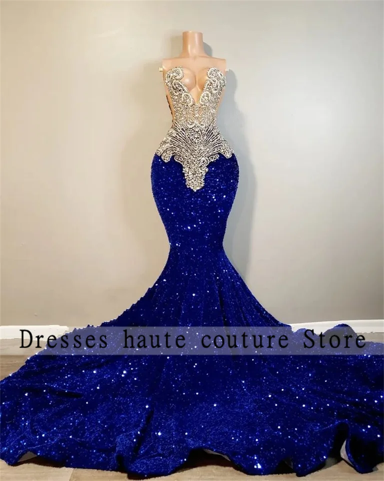Luxusné kráľovské modré flitry Mermaid Prom Dresses 2025 pre čierne dievčatá korálkové kryštály formálne večerné večierky Prispôsobené