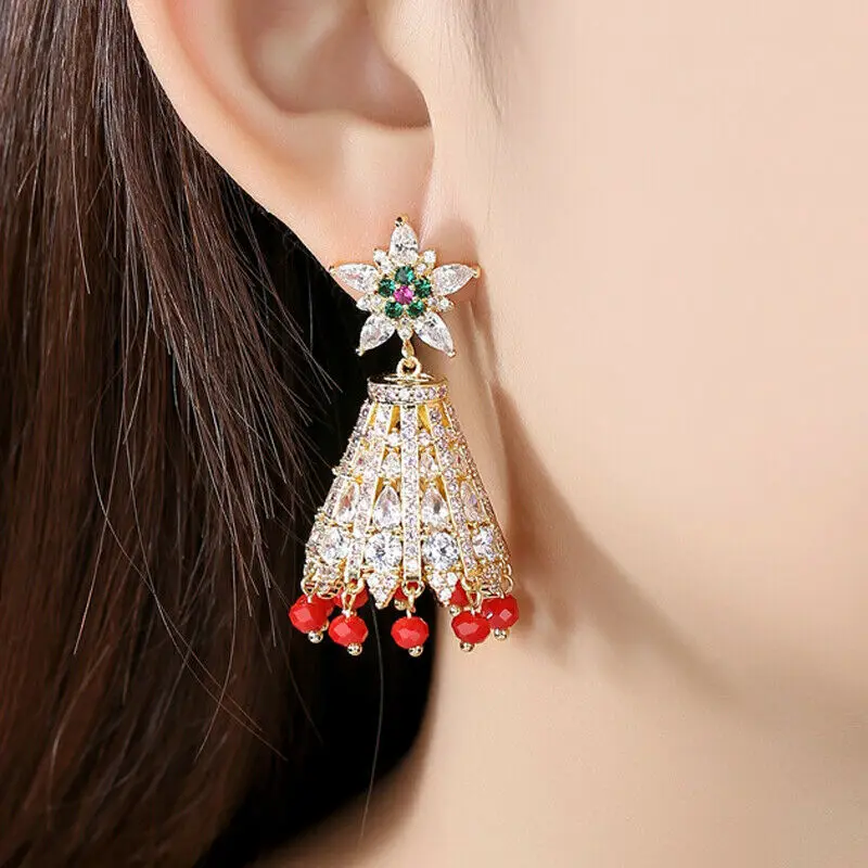 Luxusné kubické zirkónové náušnice retro zlata farba krištáľovo korálky Tassel kvapky náušnice Indian jhumka jhumki dámske darčeky šperky
