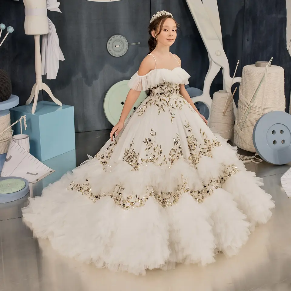 Luxusné kvetinové dievčatá šaty zlaté korálkové perly pre deti Detské ruffles Party Narodeninové šaty na plesovú fotografiu