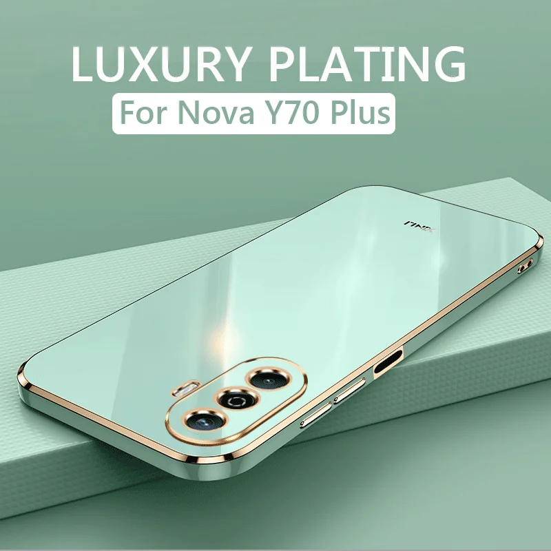 Luxusné lesklé puzdro na pokovovanie na štvorcové pokovovanie pre huawei nova y70 plus y90 y70plus šoka nepriestrelný mäkký TPU Silikone Cover Puzdro