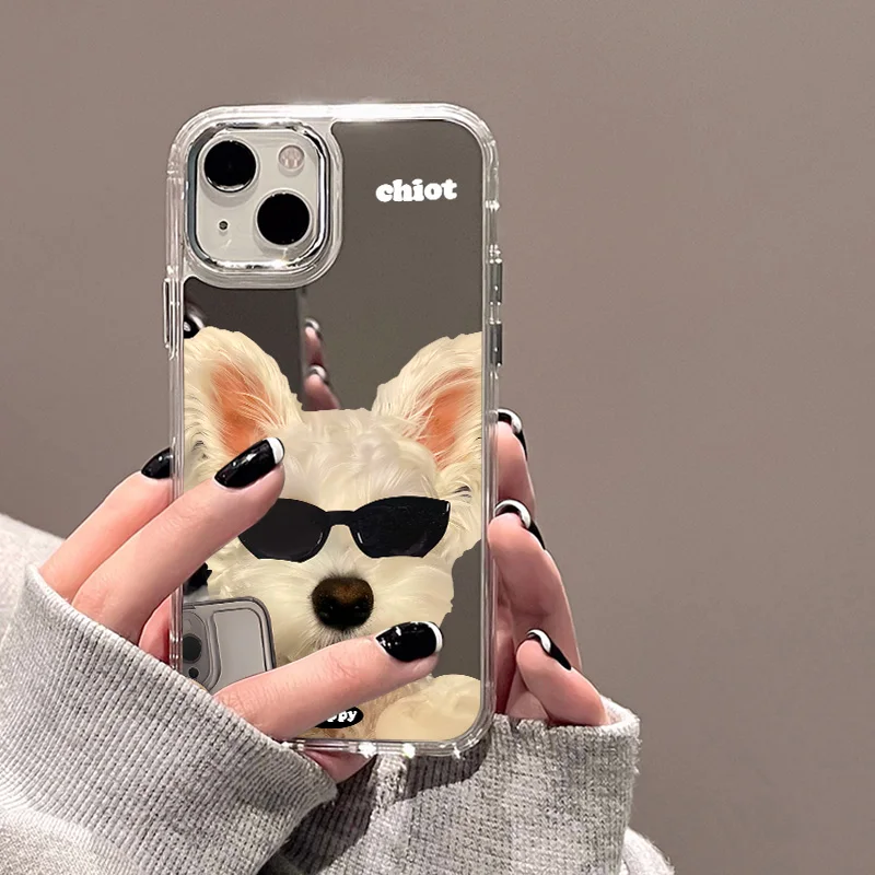 Luxusné make -up zrkadlové puzdro pre iPhone 13 Funda Coque iPhone 11 15 14 12 Pro Max xr x xs kremíkové elektroplatné roztomilé kryty psov