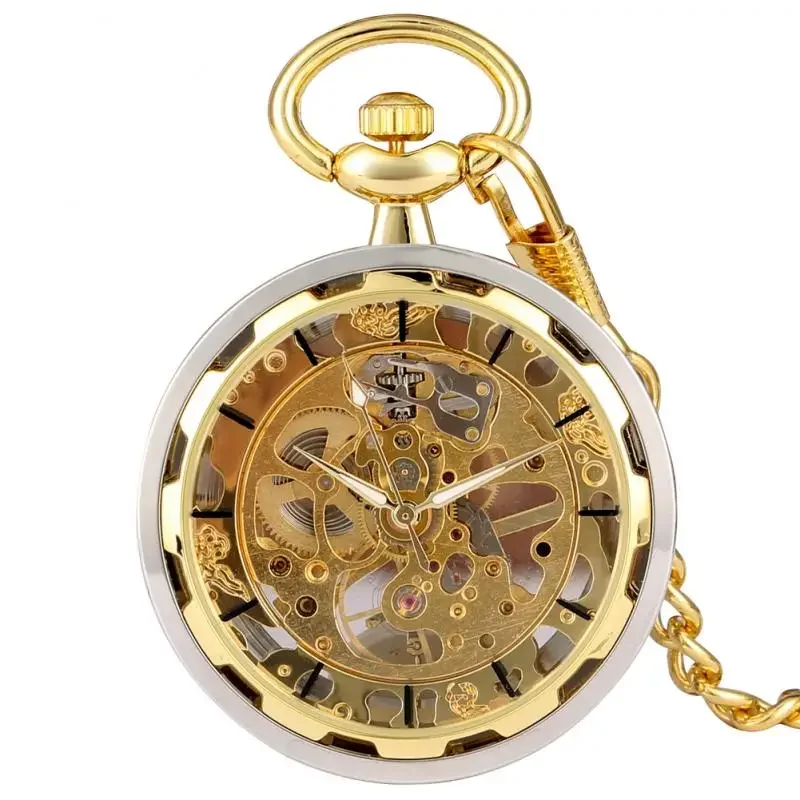 Luxusné mechanické ručne vreckové hodinky pre mužov Ženy Steampunk Open Face Golden Skeleton Clock s príveskovým reťazovým darčekom