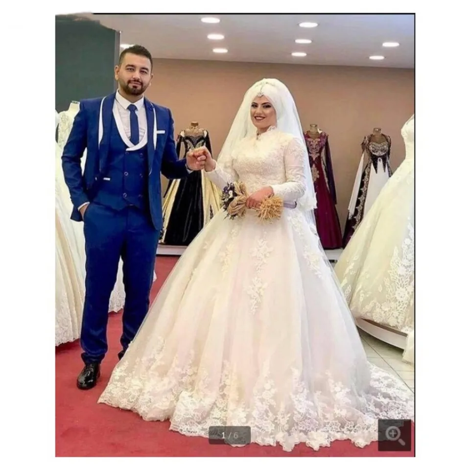 Luxusné moslimské svadobné šaty biele dlhé rukávy korálkové aplikácie islamský hidžáb svadobné šaty Arabský dubaj kaftan vestidos de fiesta