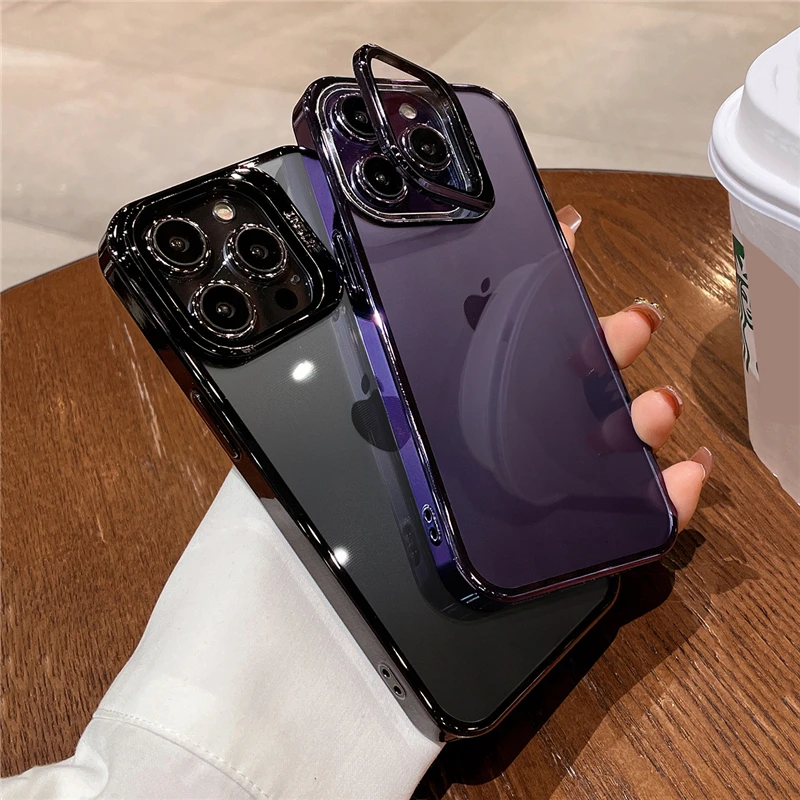 Luxusné pokovovanie neviditeľného skleneného fotoaparátu stojan na telefón pre iPhone 14 Pro Max 12 13 Pro Max Clear PC držiak na nárazový kryt