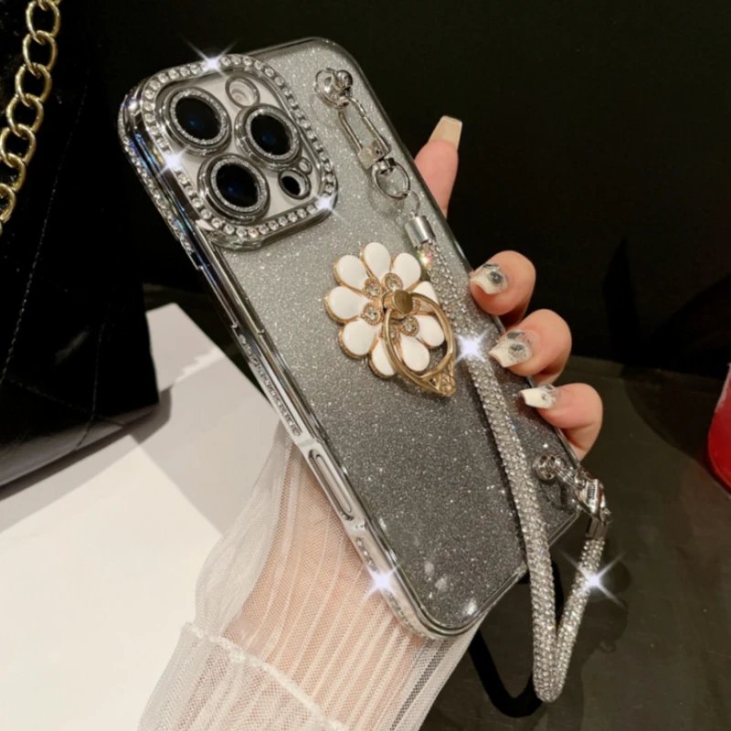 Luxusné pokovovanie trblietok Diamond Ring Stánok na šnúrku pre telefón pre iPhone 11 12 13 14 16 Pro Max