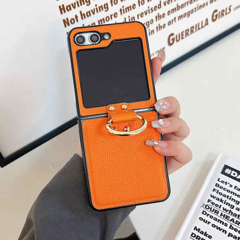 Luxusné puzdro na oranžové kožené telefóny pre Samsung Galaxy Z Flip 6 Z Flip5 Zflip4 Z Flip3 so zlatým ochranným prsteňovým prsteňom