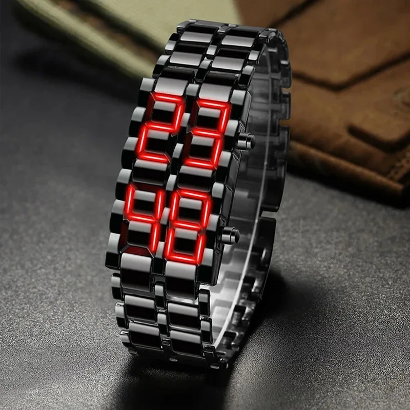 Luxusné pánske digitálne láva zápästie Watch Men čierny kovový červený modrý LED displej LED hodinky Darčeky pre chlapca šport Creative Clow Clock