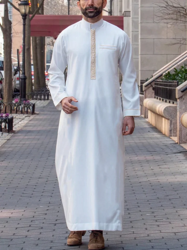 Luxusné pánske islamské moslimské arabské pánske rúcho, vyšívaný stánok s dlhým rukávom arabské muži thobe