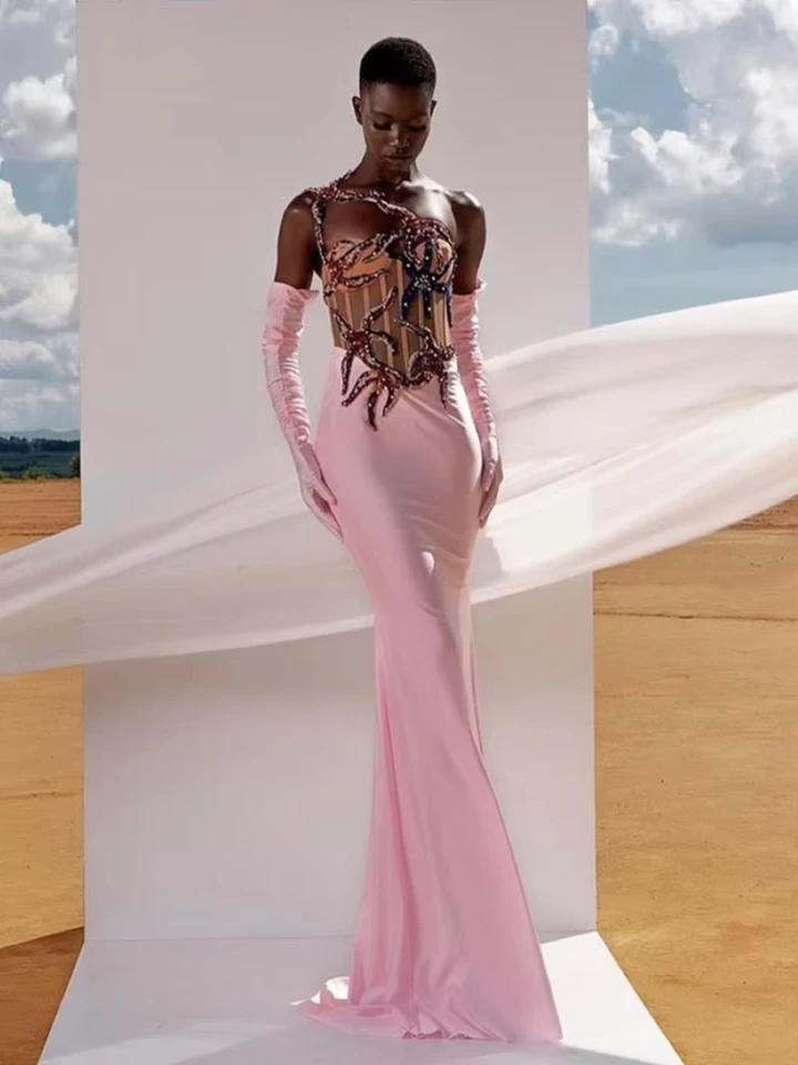 Luxusné ružové dlhé celebrity šaty s rukavicami rukávou sexy bez back -back -Diamonds Flitre trblietky Prom večera narodeninové družičky šaty