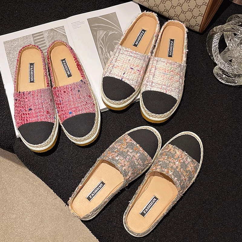 Luxusné ružové tweed mule mokasinky Žena Elegantná okrúhla prst espadrille tenisky dámske dizajn dizajn husté podrážky Slip-on Fishman topánky