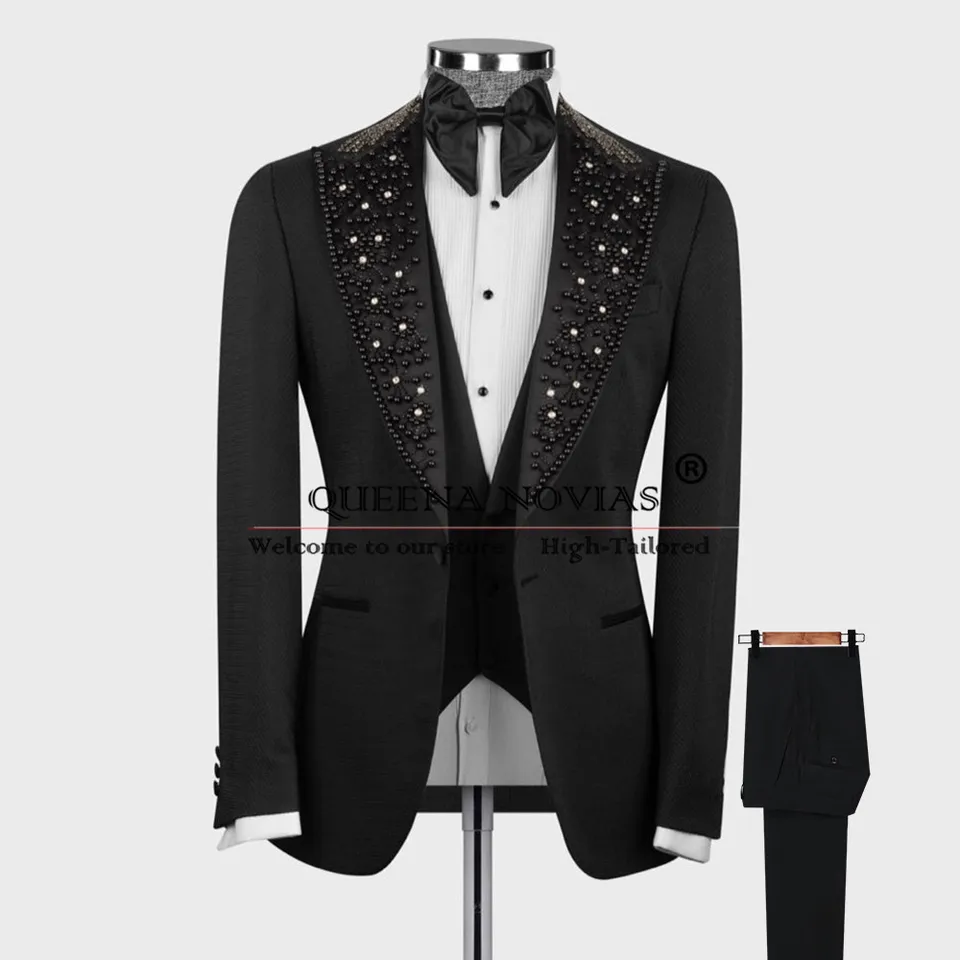 Luxusné svadobné obleky formálne večierky Čierne perly korálkové klopy Prom Blazers Prispôsobené jednorazové bunda