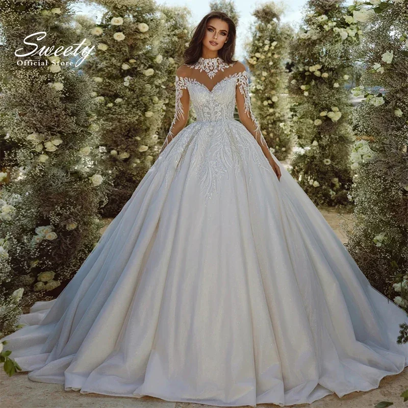 Luxusné svadobné šaty Organza s vyšívacím korálkom princezná loptička plné rukávy s vysokým krkom Bride gombíky Vestido de Novia