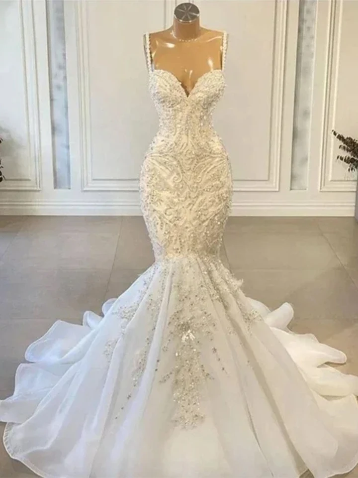 Luxusné svadobné šaty v morskej panny 2024 korálkové aplikácie Vintage Lace Up Back Svadobné šaty špagety popruhy Vestido de Novia