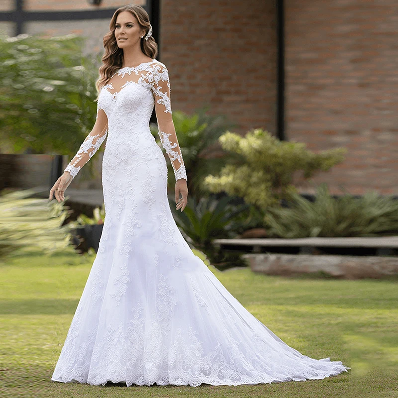 Luxusné svadobné šaty z morskej panny dlhé rukávy ilúzia zadné svadobné šaty prispôsobené kryštály korálkové nevesty šaty Vestido femininos